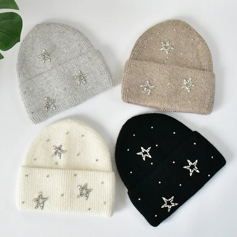 Winter Women Angora Knitted Long Hair Wool Beanie Shiny and Sparkling Diamond Hat Knit Beanies With Jewels Decoration