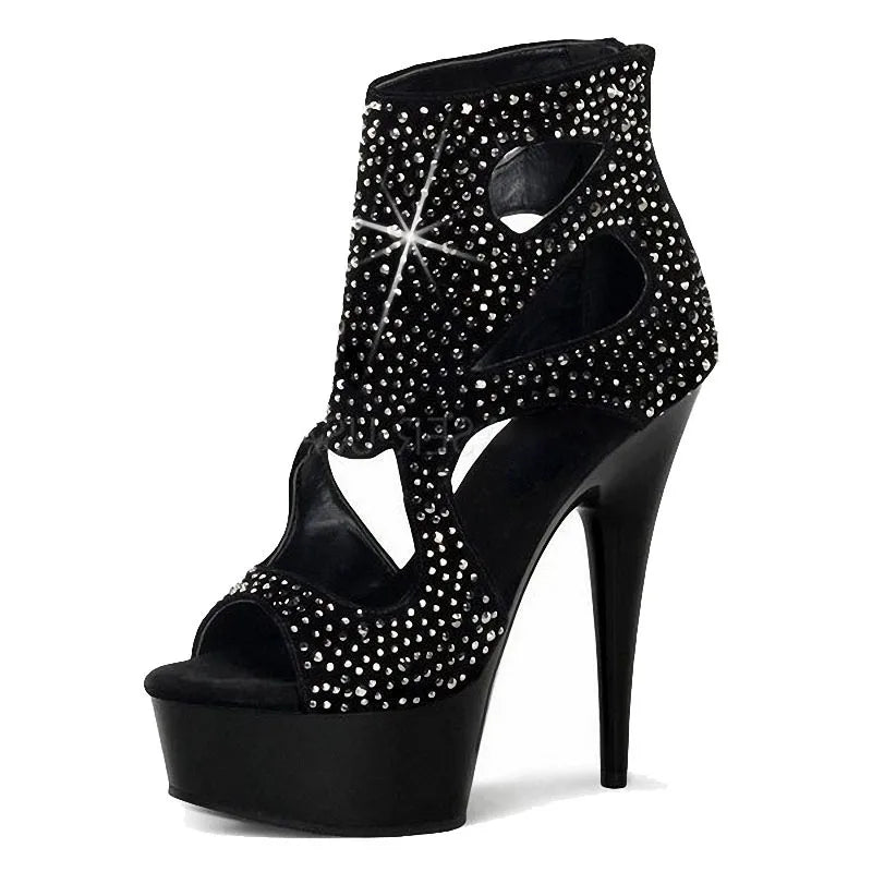 New Banquet Black Hollow Out Shiny Thin Heel 15 cm Stripper High Heels Pole Dance Leaky Toe Platform Club Large Sandals