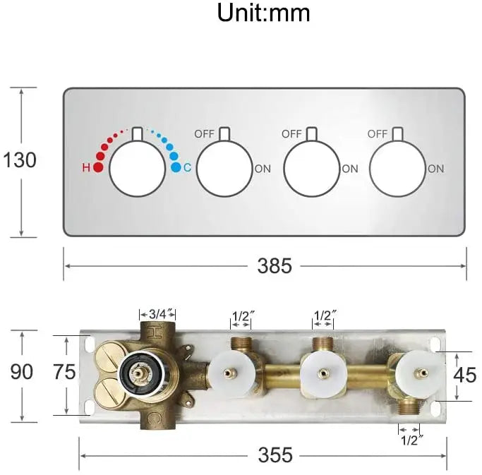 Brass 3 Function Shower Diverter Mixer Brushed Nickel Concealed Horizontal Installation Thermostatic Valve