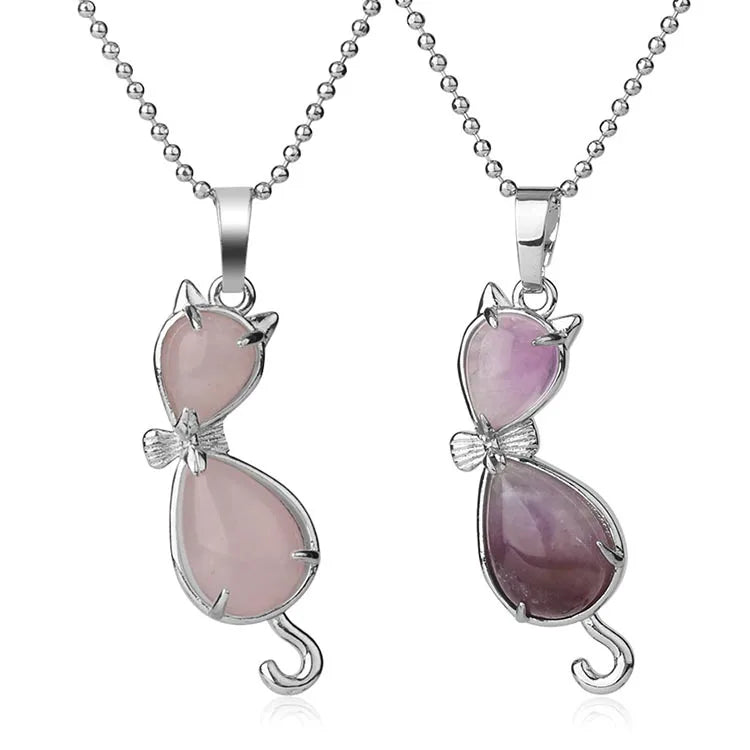 Wholesale Natural Crystal Stone Amethyst Rose Quartz Animal Cat Pendant Necklace Fashion Gemstone Jewelry