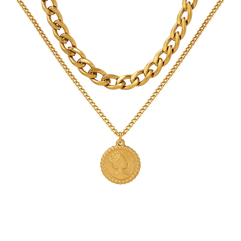 18K Gold Plated Queen Portrait Round Card Double-layers Stacked Necklace Stainless Steel Detachable Chain Jewelry for Girls