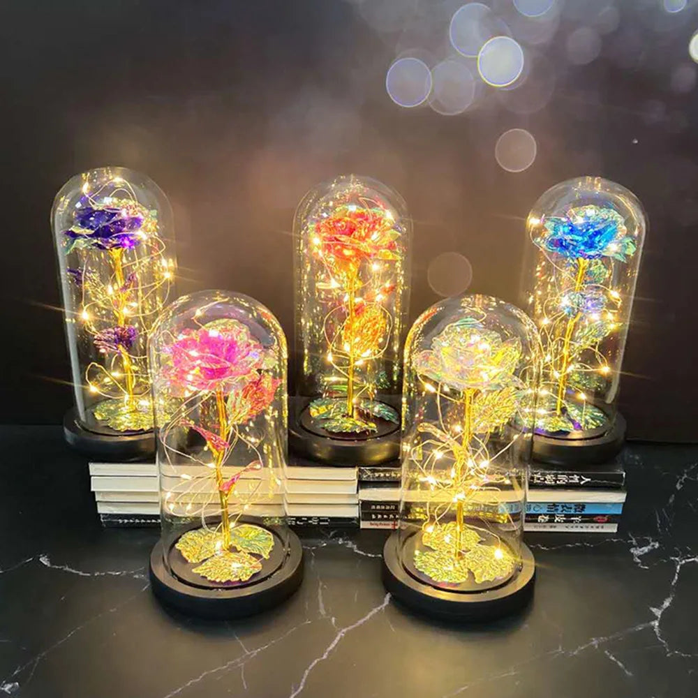 Hot Sale 24K Gold Rose Preserved galaxy Rose in Glass Dome Wooden Base Valentine's Gift Enchanted LED Light Rose in Glass
