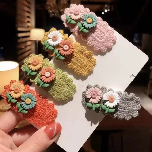 Korean Cute Daisy Flower Kid Hairpin for Children Floral Decorative Knit Crochet Hair Pins Girls Snap Hair Accessories Clips