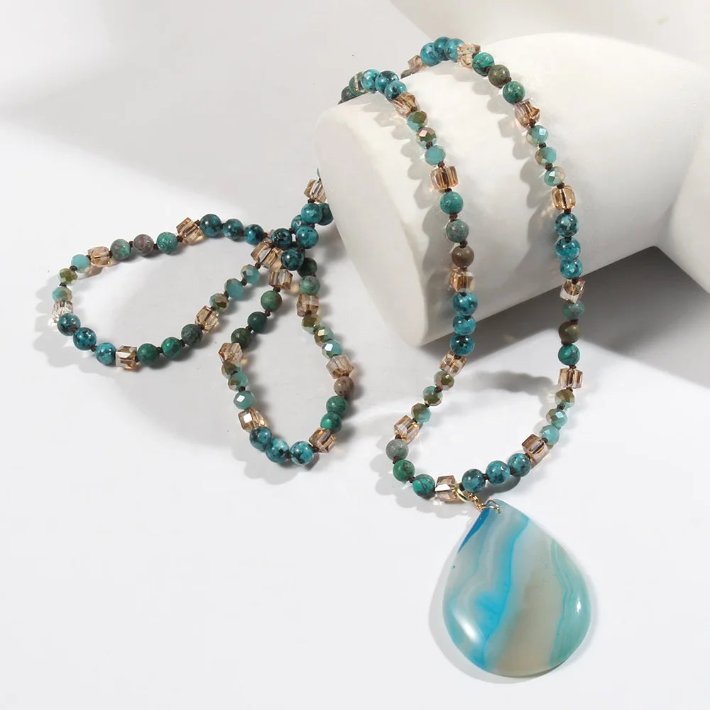 Summer New Bohemian Women's Jewelry 6mm Natural Gemstone Glass Knot Necklace Agate Drop Pendant Necklace
