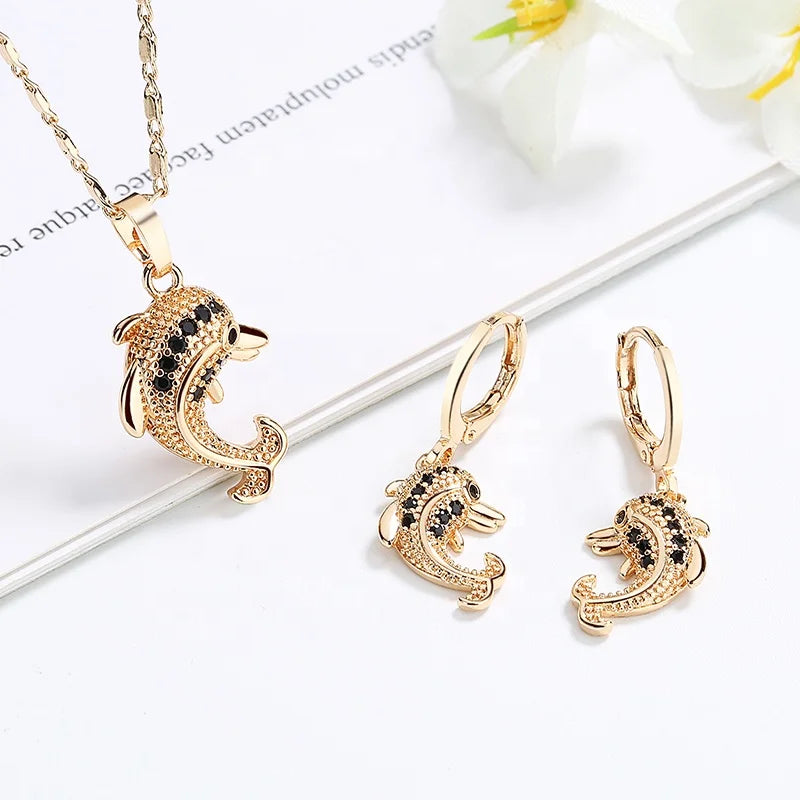 Colorful Bridal 18k Gold Plated Multi Zircon Necklace and Earrings Jewelry Set