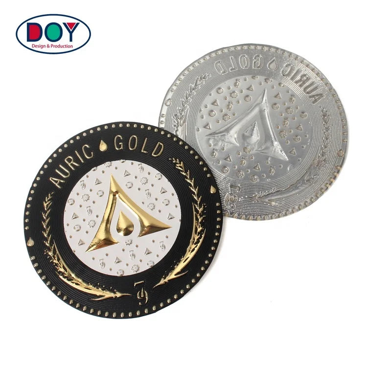 Wholesale New Design Custom Embossed 3D Logo Screen Printed Soft Plating Golden TPU Badges for Clothing