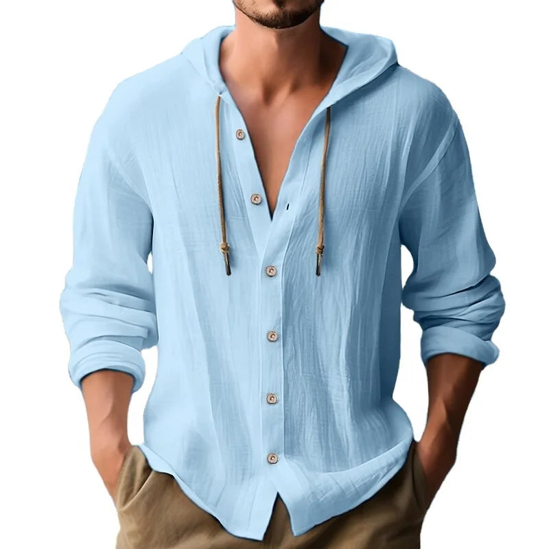 2024 Spring Summer Men's Casual Daily Clothing New Cotton Linen Stand Collar Hoodie Button-Up Long-Sleeved Shirt Thin Thickness