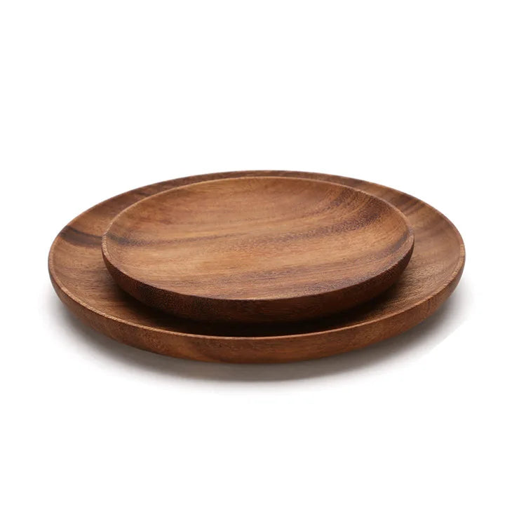 Drop Shipping Dessert Snack Dinner Round Solid Acacia Serving Wood Plate for Kitchen