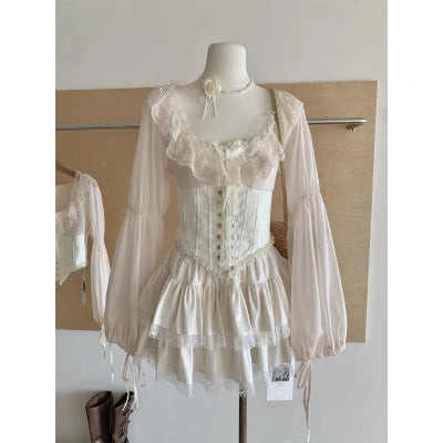 Guangzhou Auyan Gauze Bubble Sleeve Shirt Women'S Autumn Slim-Fit Lace-Up Bottom Coat Fishbone Waist Small Top