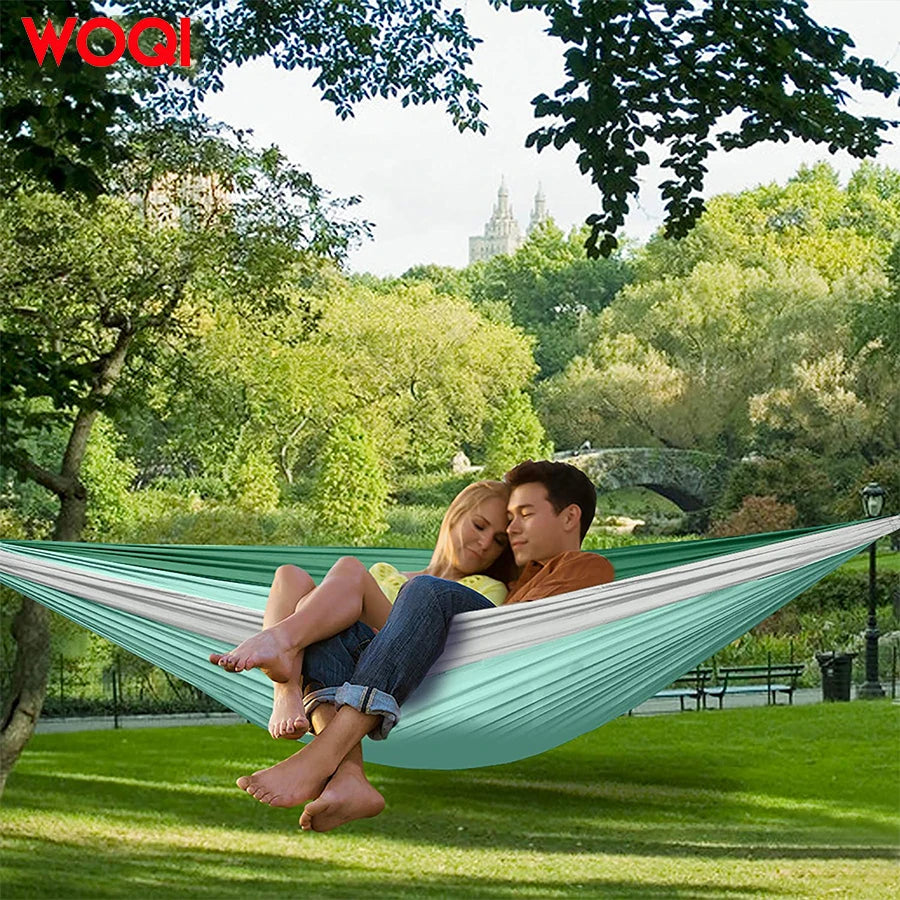 WOQI Portable Lightweight Dual Camping Hammock Ultra Light Nylon Parachute Fabric 2 Tree Straps All Seasons 2-Seater