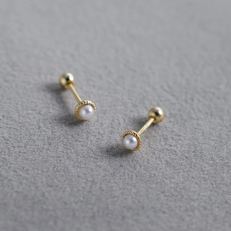 925 Sterling Silver Trendy Lace Synthetic Pearl Screw Bead Stud Earrings Gold Fashionable Ear Bone Piercing Jewelry for Weddings