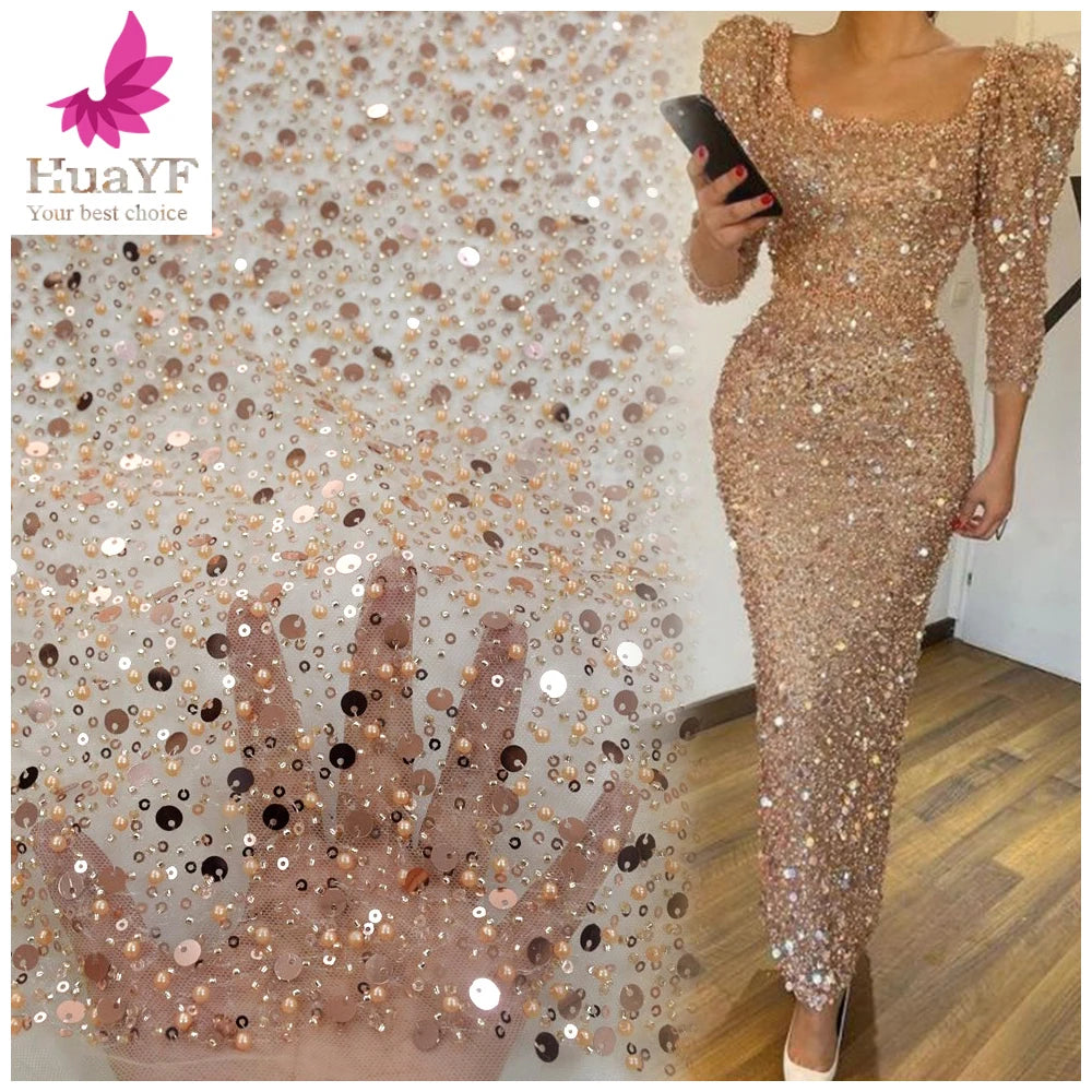 2021 HOT SALE Rose Gold Crystal Sequins Beaded Lace Fabric Online Bridal French Lace for Party Dress HY1334