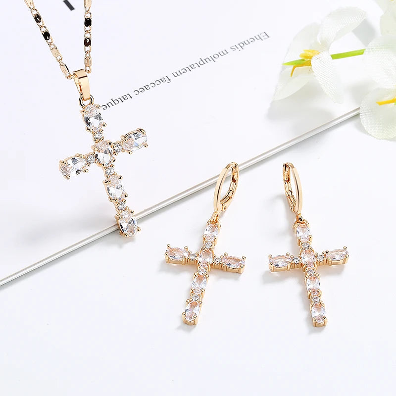 Top Selling 18K Oro Gold Plated Zirconia Crucifix Jesus Fashion Simple Cross Pendant Necklace Jewelry Sets