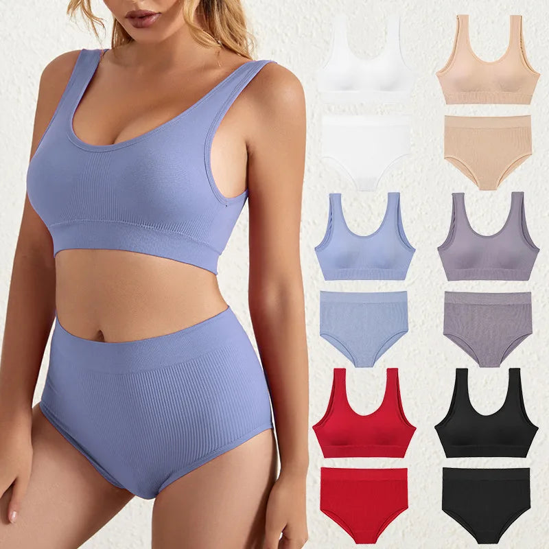 BS024 High Quality Wide Straps Thin Style Wire Free Cotton Comfortable Women Underwear Set