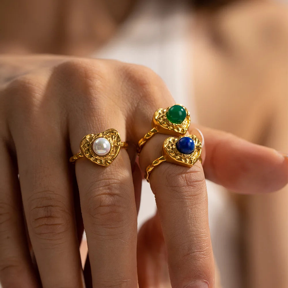 Wholesale Luxury Fashion Opening Ring Stainless Steel Gold Ring 18k Gold Plated Heart Pearl Ring for Women