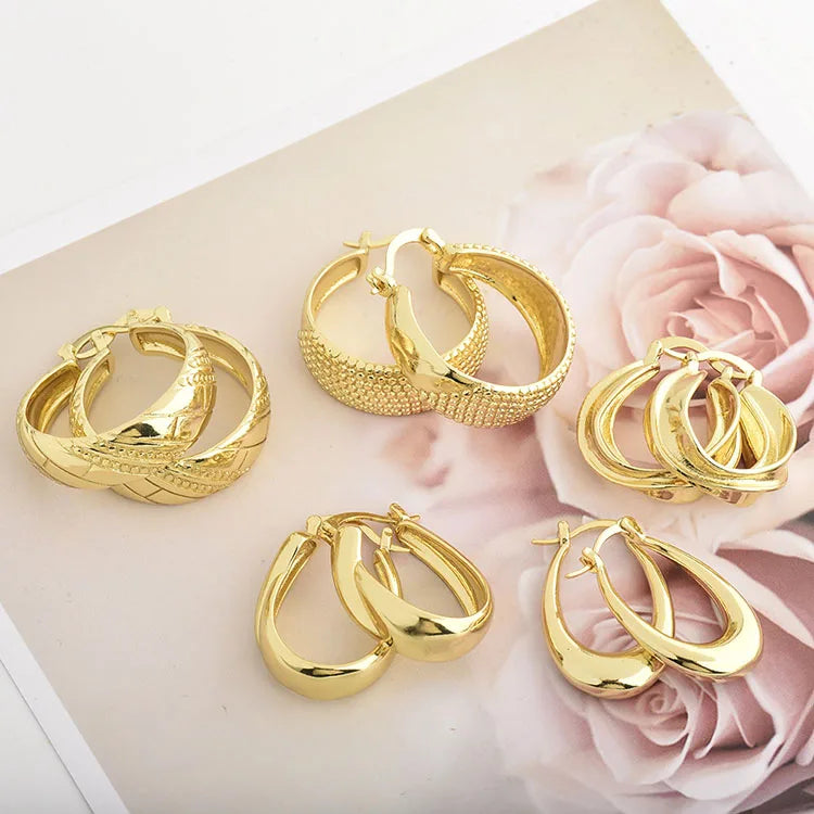 EM1188 Simple Thick 18k Gold Plated Brass Studded Hoop EarringsGold Irregular Hoops