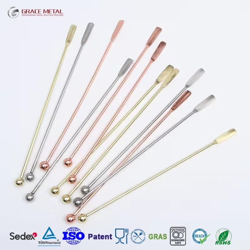 Food Safe Reusable Colors Paddle Bead OEM Custom Design Stainless Steel Beverage Swizzle Stick Drink Gold Cocktail Stirrers