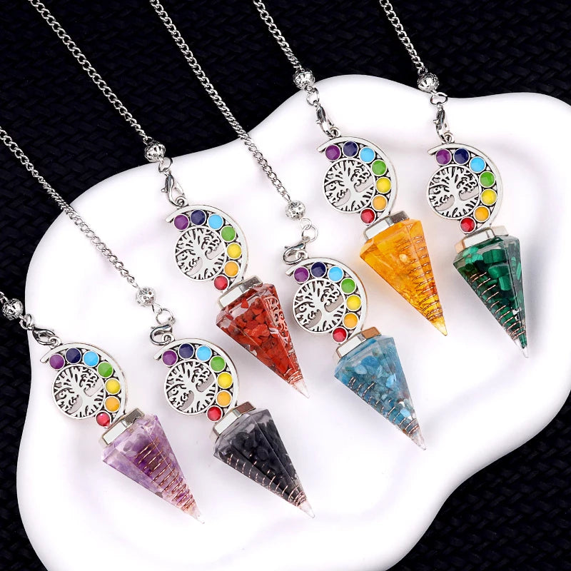 7 Chakra Tree of Life Crystal Pendulum Natural Gravel Stone Divination Pendulum with Silver Chain Spiritual Healing Jewelry Gift