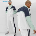 Custom Logo Color Block Windbreak Sportswear Men Two Piece Set Sweatsuit for Jogging Reflective Panels Side Stripe Men Tracksuit