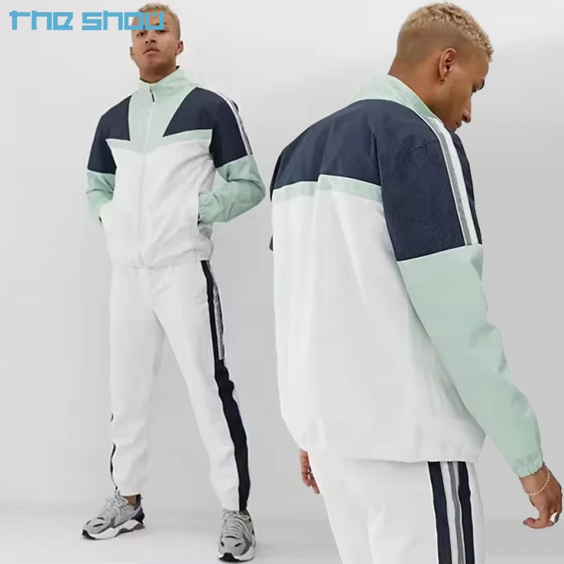 Custom Logo Color Block Windbreak Sportswear Men Two Piece Set Sweatsuit for Jogging Reflective Panels Side Stripe Men Tracksuit
