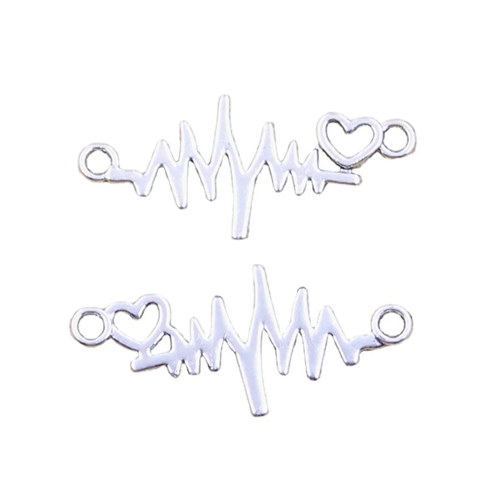 Charms ECG Heartbeat Connector Heart Link Antique Bronze Silver Color Pendants DIY Making Findings Handmade Tibetan Jewelry