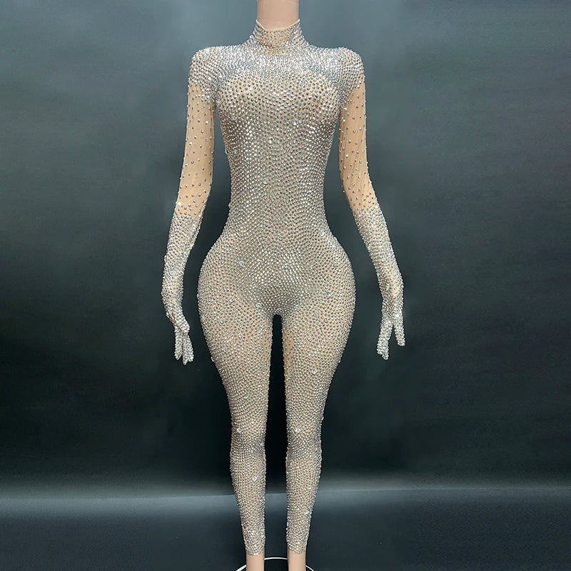 New Products 2023 Popular Shiny Silver Diamonds Club Wear Full Length Jumpsuits Playsuits Bodysuits for bar Nightclub