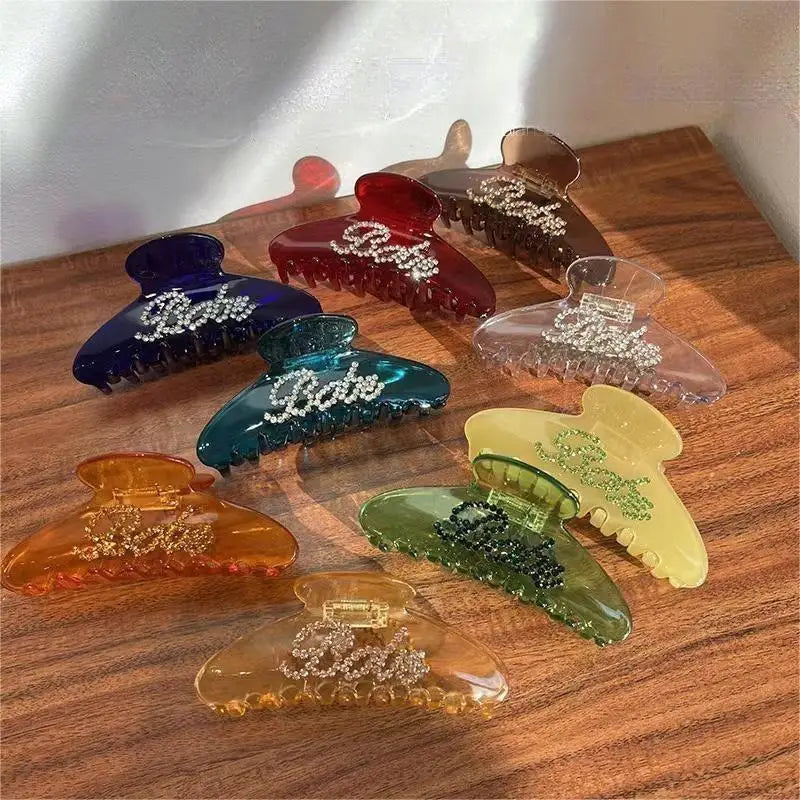 Qianjin Customized Wholesale High-end Luxury Hairpins Translucent Rhinestone Letter logo Acetate Fashion Style