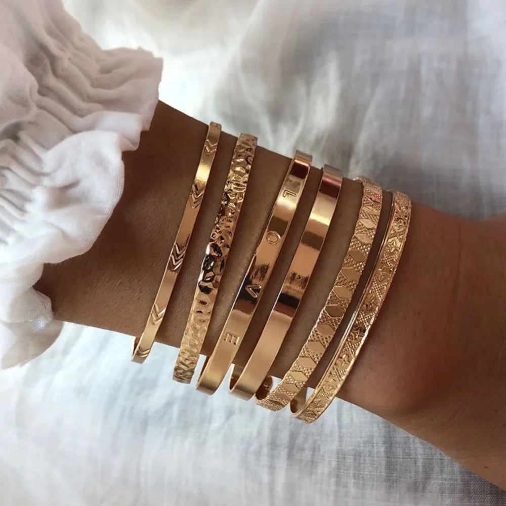 SC Wholesale Luxury Multilayered Bracelet Set Exaggerated Opening Adjustable Bracelet Vintage 6pcs Gold Plated Bracelets Couple