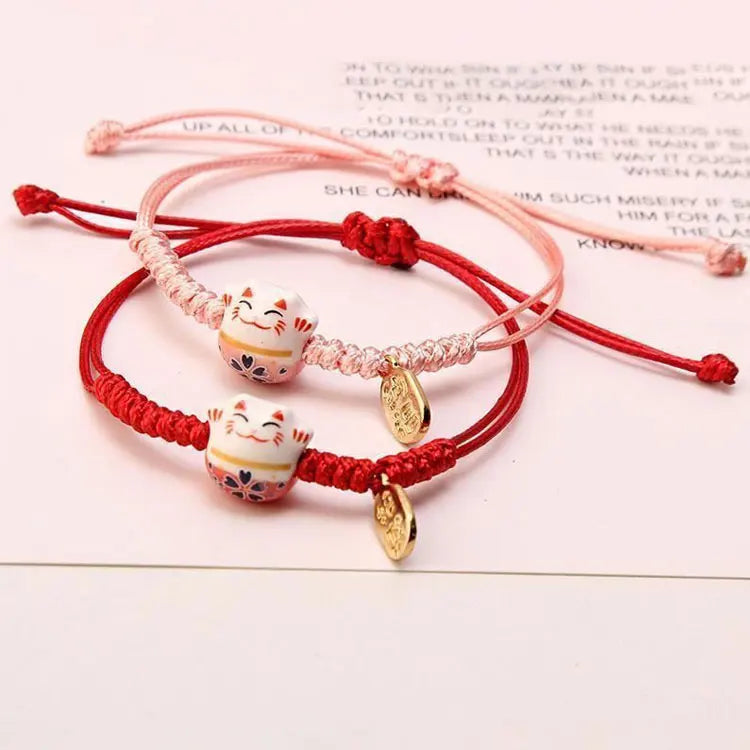 Wholesale Adjustable Red String Braided Friendship Bracelet Gifts Cute Ceramic Fortune Cat Charm Lucky Bracelets for Women Girls