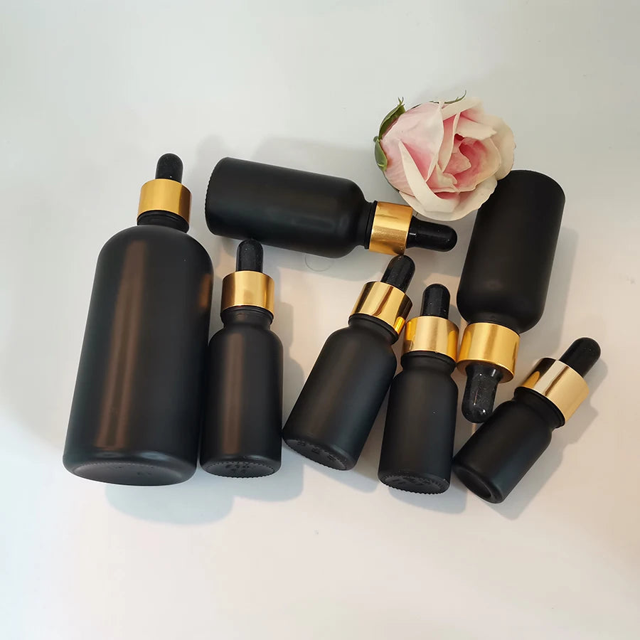 Essential Oil Perfume Bottle 5ml 10ml 15ml 20ml 30ml 50ml 100ml Matte Black Glass Dropper Bottle Gold Cap