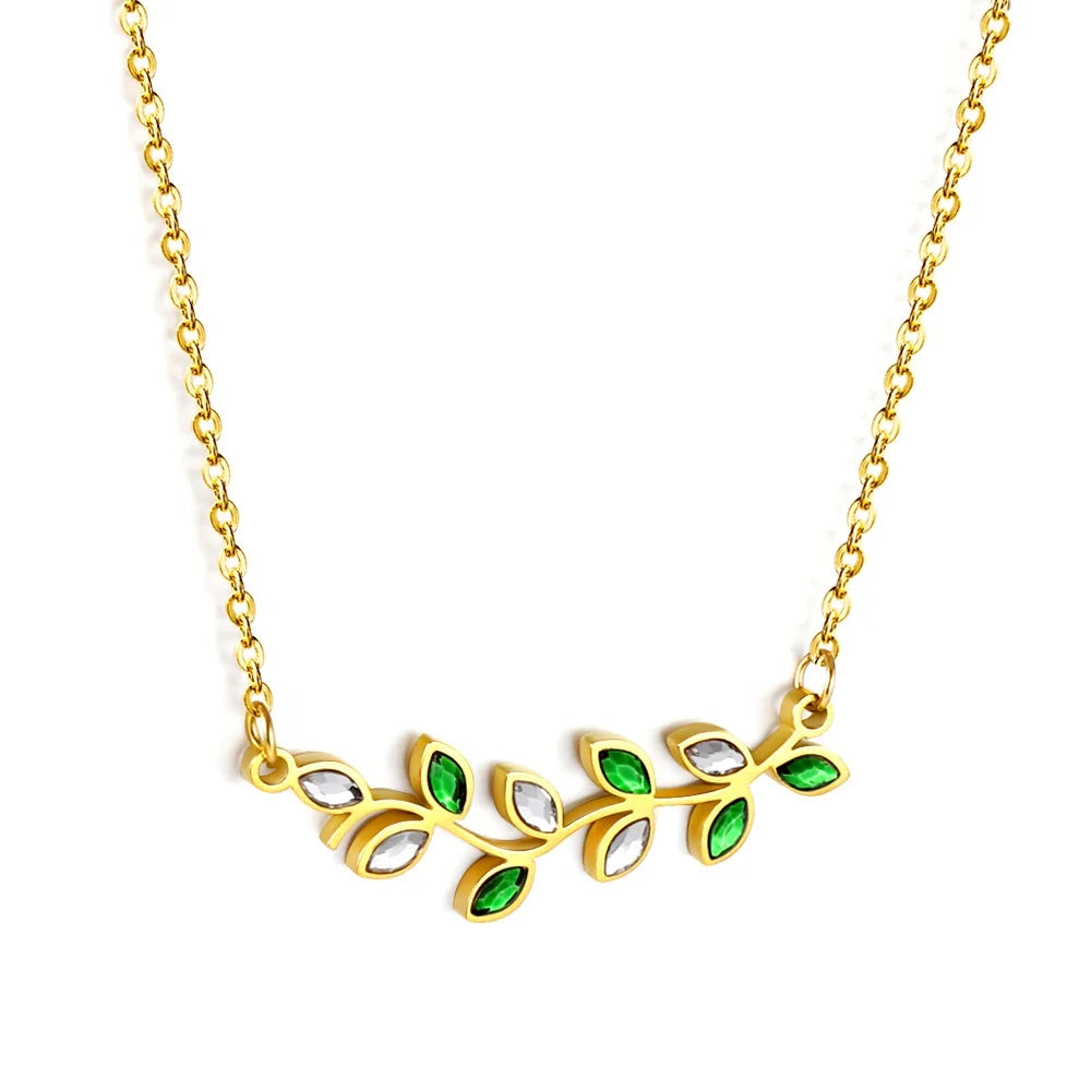 White Green Cubic Zirconia Necklace Leaf Short Necklace Fashion Jewelry 304 Stainless Steel Necklaces for Women