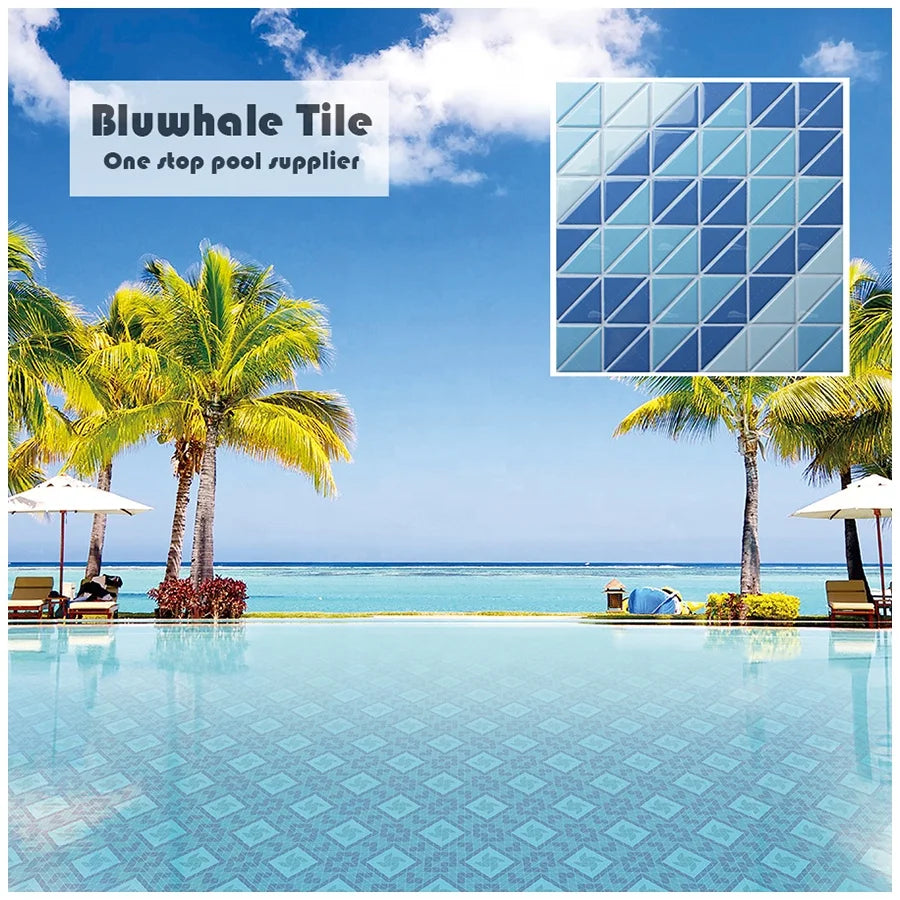 Bluwhale Tile Wholesale Custom Pattern Glazed Triangle Mosaic Blend Blue Swimming Pool Tile Prices
