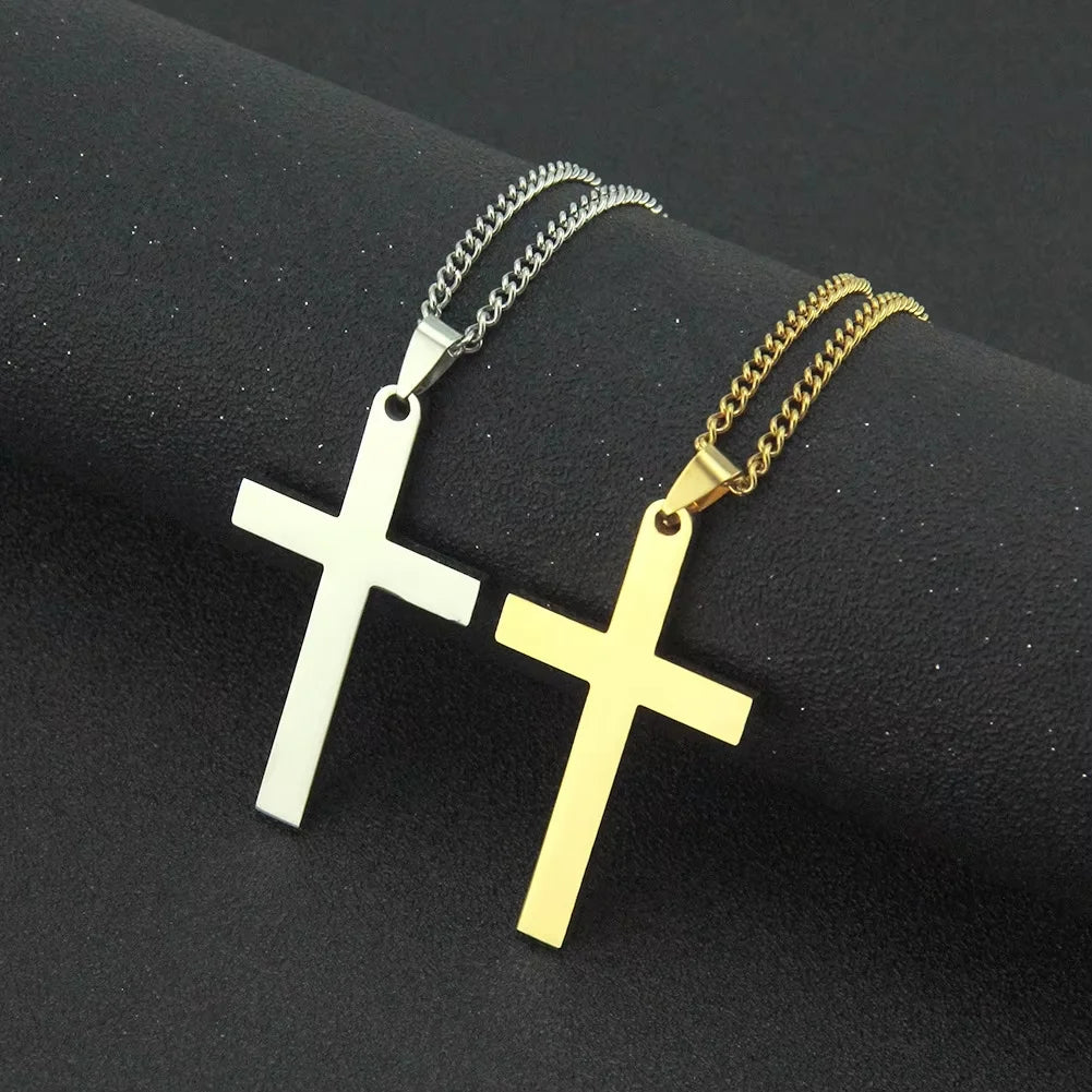 New Religious Jewelry Unisex Stainless Steel Polish Cross Necklace Link Chain Gold Plated Pendant Jewelry for Causal