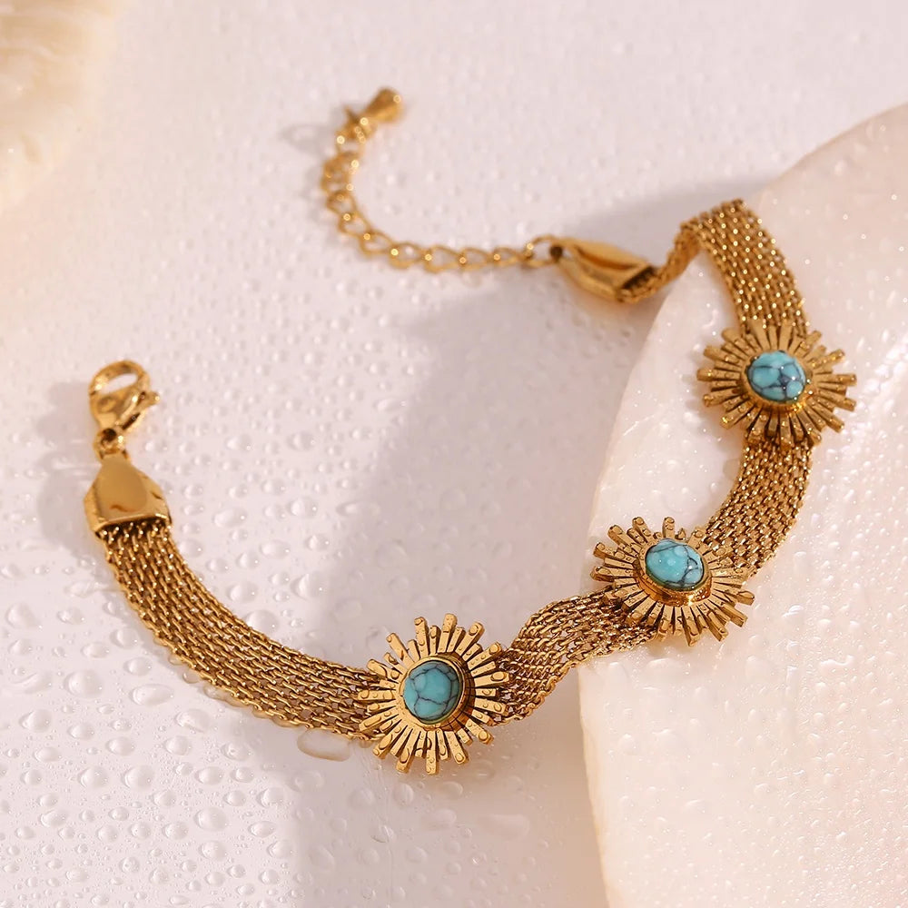 Turquoise Jewelry Synflower Woven Chain Bracelet Gold Plated Real Gemstone Jewelry