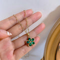 Vintage Green Five-Leaf Flower Pendant Necklace for Women Fashion Senior Sense Temperament Zircon Stainless Steel Anniversaries