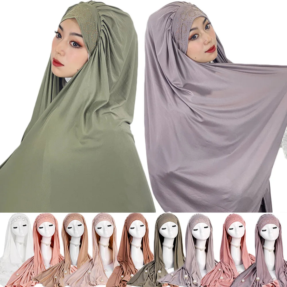Malaysia Burkha Instant Jersey Hijab Musulman Hijab Pour Femme Beading Solid Color Muslim Sequin Tudung Bawal Scarf Islamic