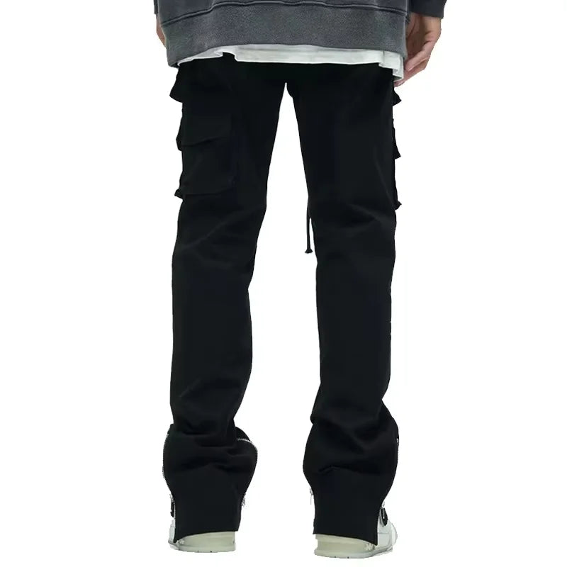 Unisex Custom Men Jogger Cargo Pants with Bottom Zip Flare Casual Mid Waist Street Wear Bottoms Hip Hop Style Plain Dyed Pockets