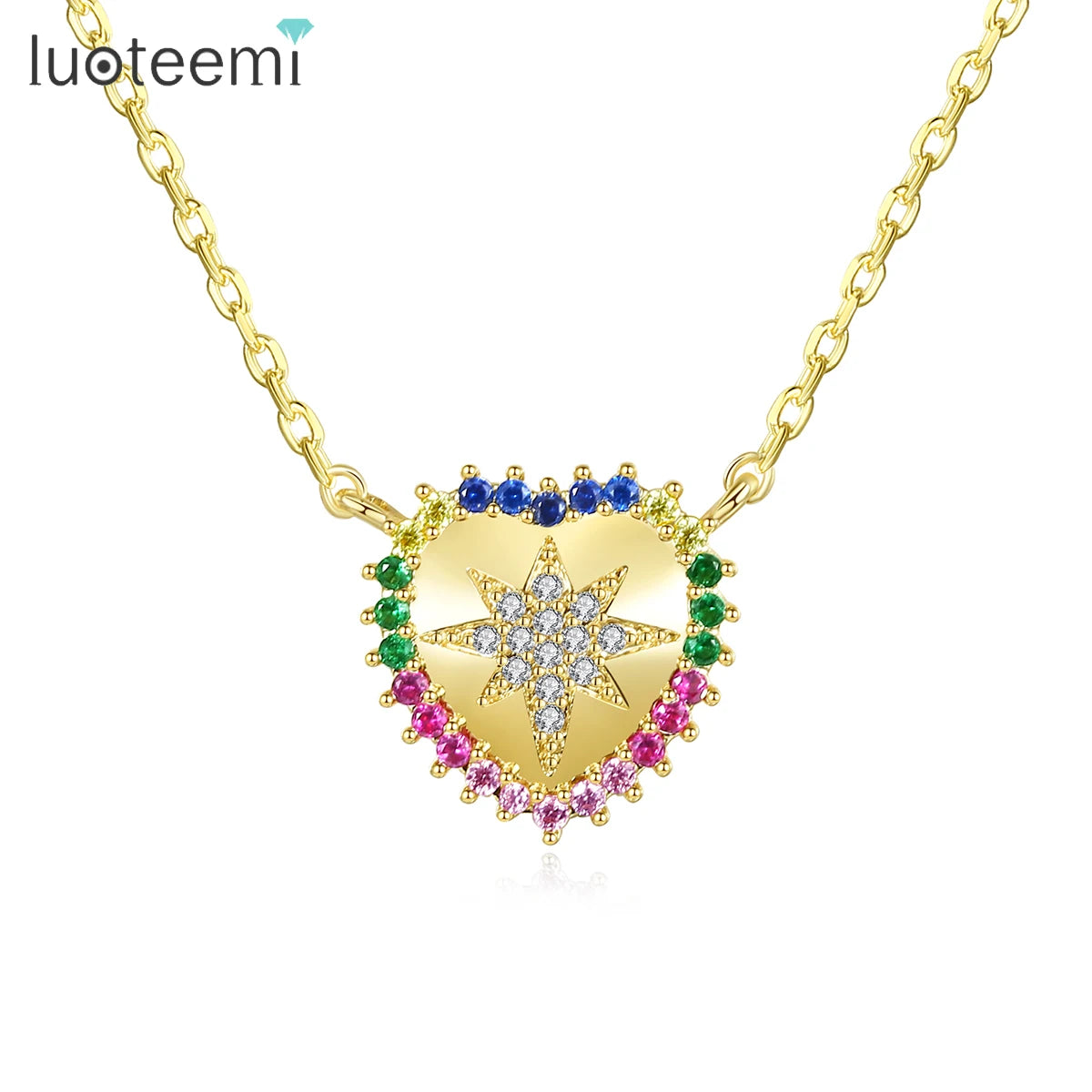 LUOTEEMI Fashion Heart Shape Chain Necklace Cubic Zircon Jewelry for Women Gold Heart  Charm Pendant Necklace