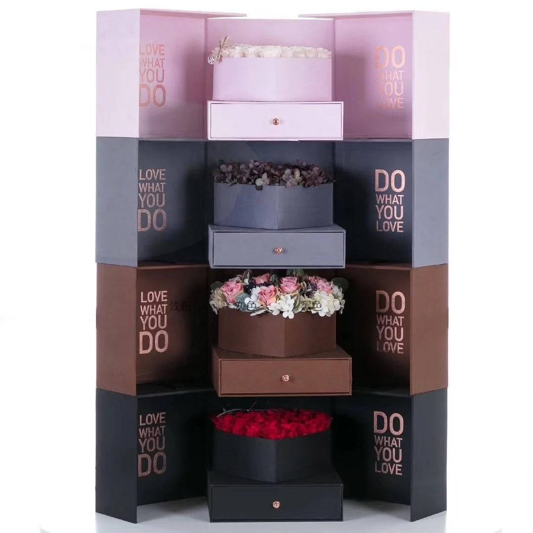 Luxury High-Grade Silk Cloth Double Open Hot Stamping Square With Drawer Inside Heart-Shaped Box Flower Box With Ribbon