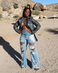 Custom Jeans  Stylish Ladies Pants Ripped Distressed Women Jeans Cargo Pants Street Wear Loose Wide Leg Pants
