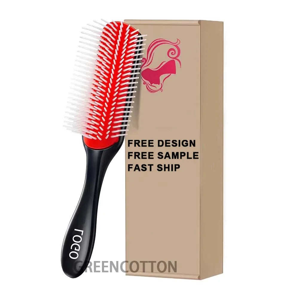 Custom Logo Detangling Hair Brush with 9-row Plastic Hair Brush Styling Massage Comb Curly Hair Brush for Women Hair Salon