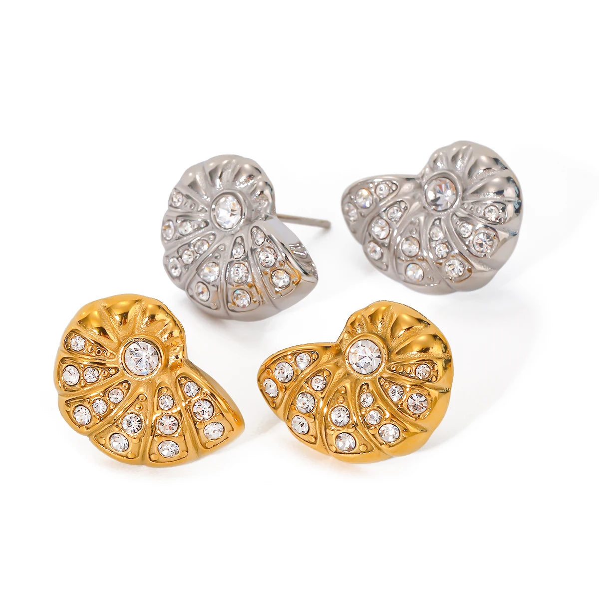 J&D Anti-Tarnish Stainless Steel Pave Sea Snail Conch Whelk Trumpet Shell Stud Earrings for Women