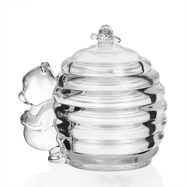 Aeofa Retro Transparent Bear Glass Storage Jar Honey Jar with Lid 220ml Honey Pot Glass