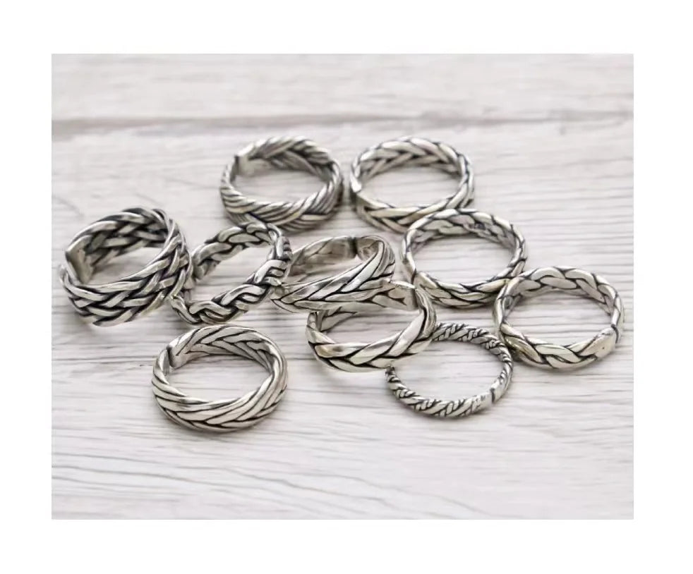Vintage 925 Sterling Silver Handmade Braided Ring Opening Adjustable Size Thai Silver Rings Wholesale Men Women