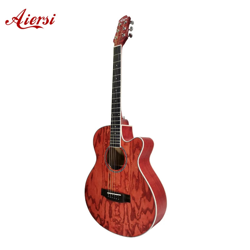 Wholesale Custom Brand Made Red Colour Ash Body Acoustic Guitar 40 Inch Cutaway Low Budget Good Quality Folk String Instrument