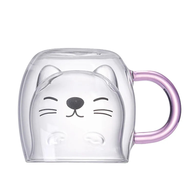 Cute Cat Mugs with Handle Double Wall Insulated Glass Espresso Cup Kawaii Coffee Milk Cup Bear Glasses Mug