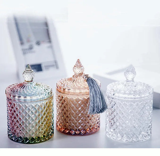 Wholesale Customization Colorful Geo Cut Iridescent Candle Glass Jars with Lid for Christmas Jewelry Storage and Candle Making