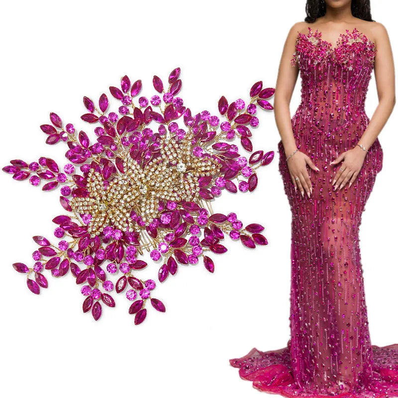 WHD-146 Keering Luxury Good Price Prom Floral Bright Color 3D Flower Wedding Rhinestone Applique for Dresses