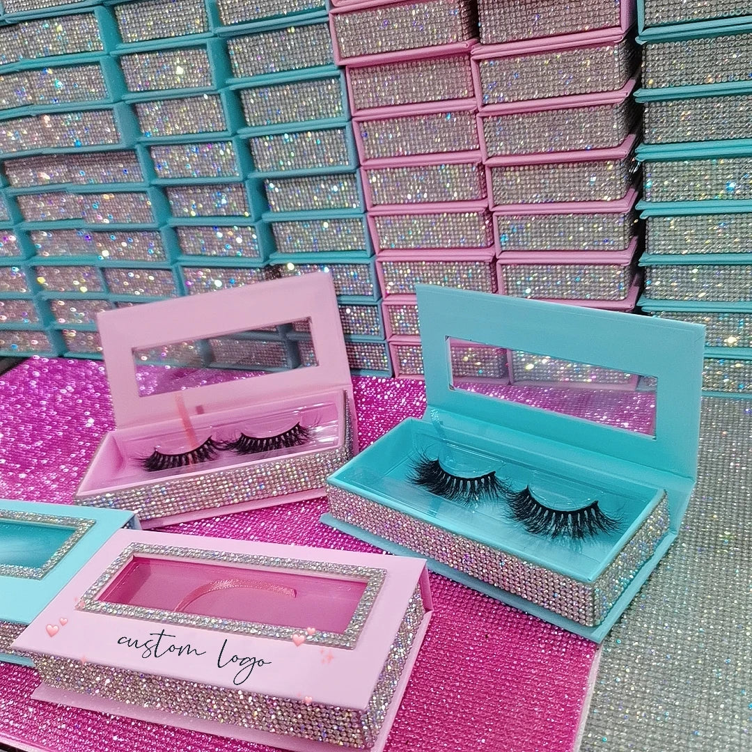 Lashpackaging Box with Rhinestone Luxury Ribbon Rectangle Eyelash Packaging Box case of Vegan Small Mink Lash Packaging Vendor