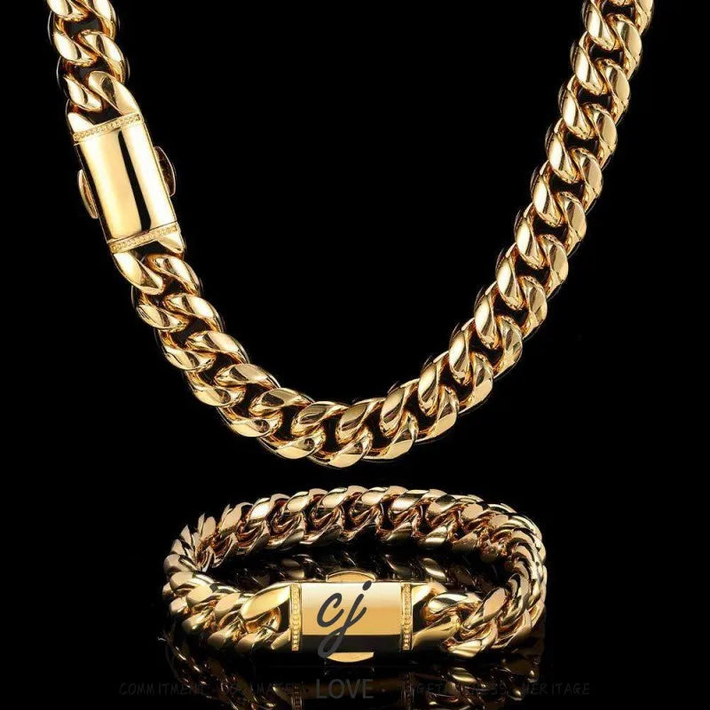 Carline Manufacturer12mm Miami Cuban Link Chain Set 18K Gold PVD Plated 316L Stainless Steel Hip Hop Jewelry Set for Men